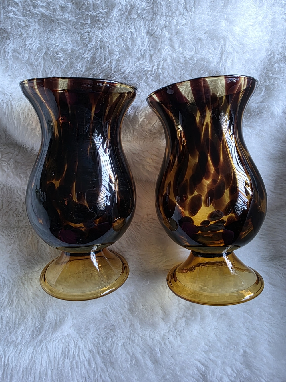 Vintage 1960 Amber Tortoiseshell Glass Vases Or Candle Holder - Set of 2
